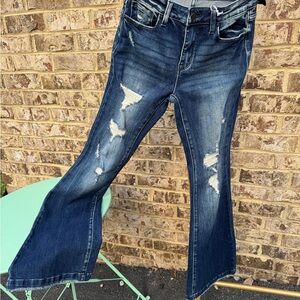 Women's Dark Blue Distressed Flare Jeans - high Rise